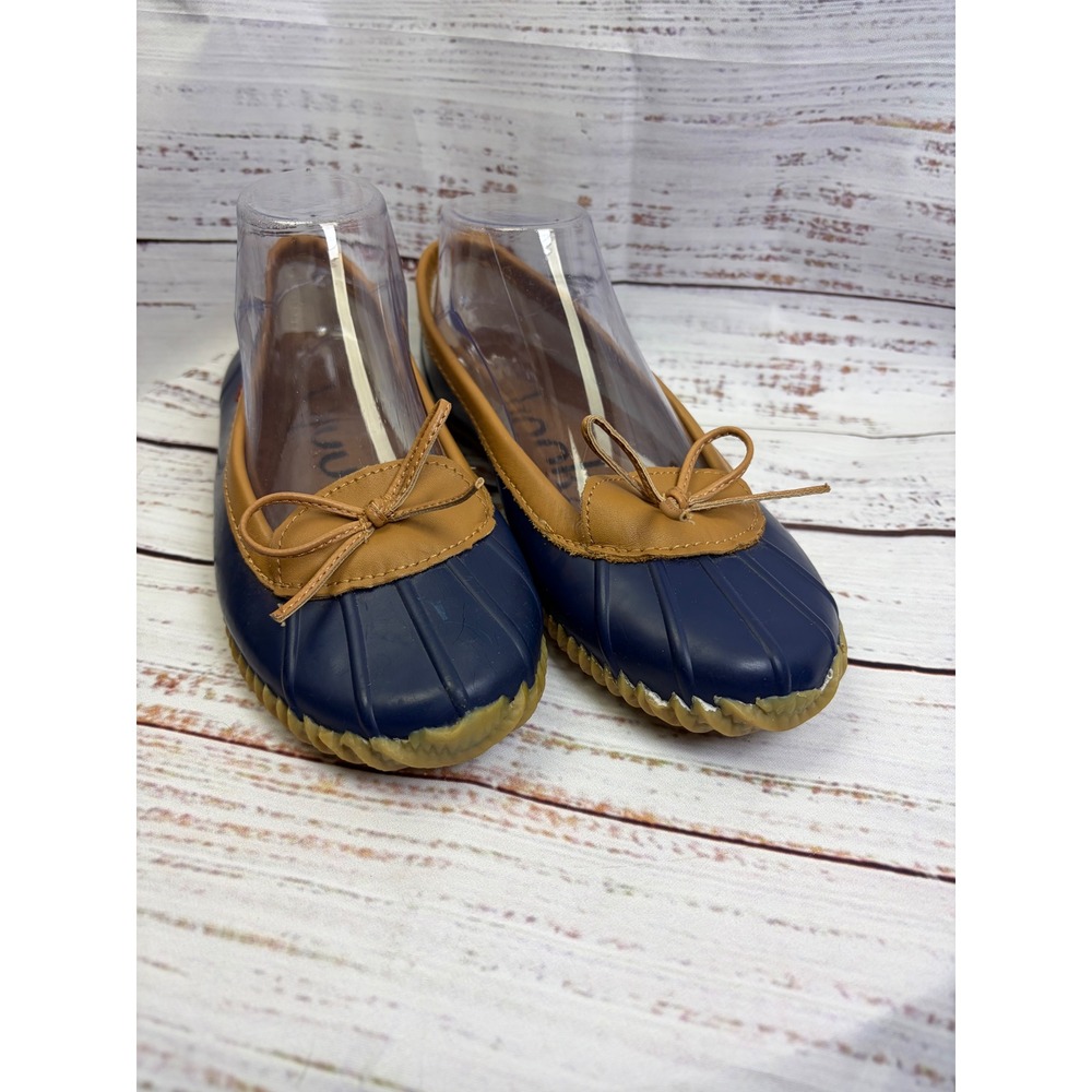 Chooka Duck Skimmer Navy Blue Rubber Ballet Rain Flats Tan Trim Bow Size 9